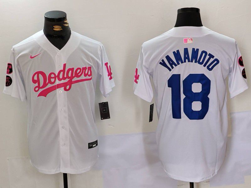 Men Los Angeles Dodgers 18 Yamamoto White pink joint name 2024 Nike MLB Jersey style 1